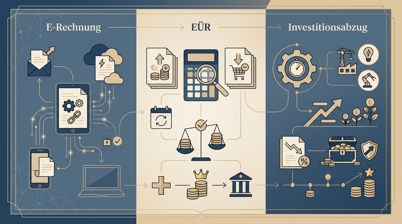 Steuer-Leitfaden 2026: E-Rechnung, EÜR und Investitionsabzug Redaktionelle Infografik zum Thema Steuer-Leitfaden 2026: E-Rechnung, EÜR und Investitionsabzug
