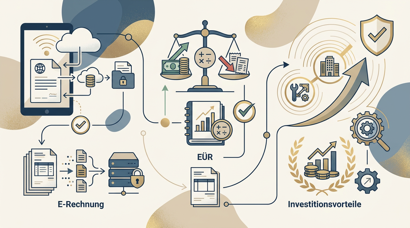 Redaktionelle Infografik zum Thema Steuerleitfaden 2026: E-Rechnung, EÜR und Investitionsvorteile