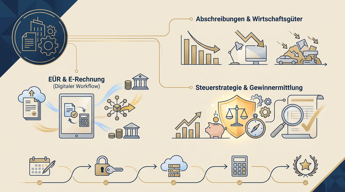 Steuerleitfaden 2026: EÜR, E-Rechnung und Abschreibungen Redaktionelle Infografik zum Thema Steuerleitfaden 2026: EÜR, E-Rechnung und Abschreibungen