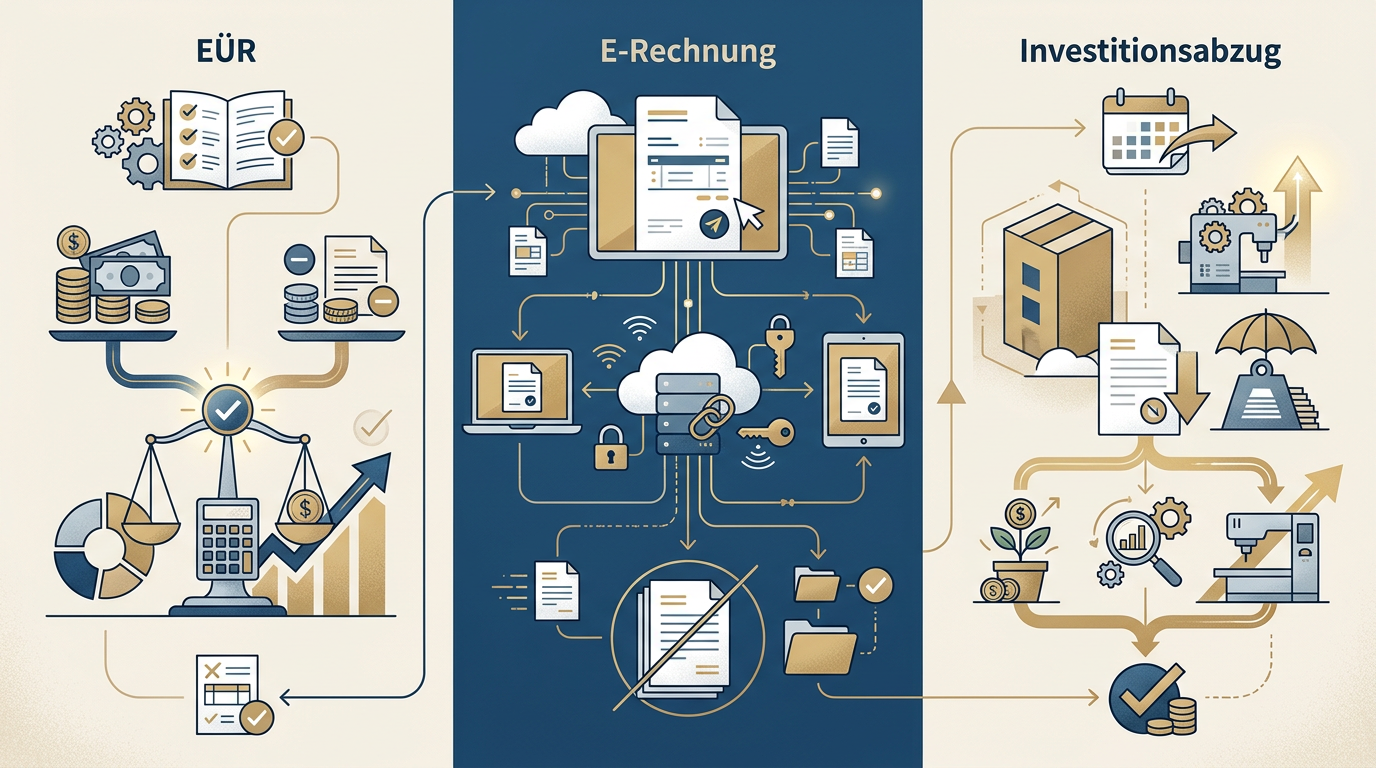 Steuerleitfaden 2026: EÜR, E-Rechnung und Investitionsabzug Redaktionelle Infografik zum Thema Steuerleitfaden 2026: EÜR, E-Rechnung und Investitionsabzug