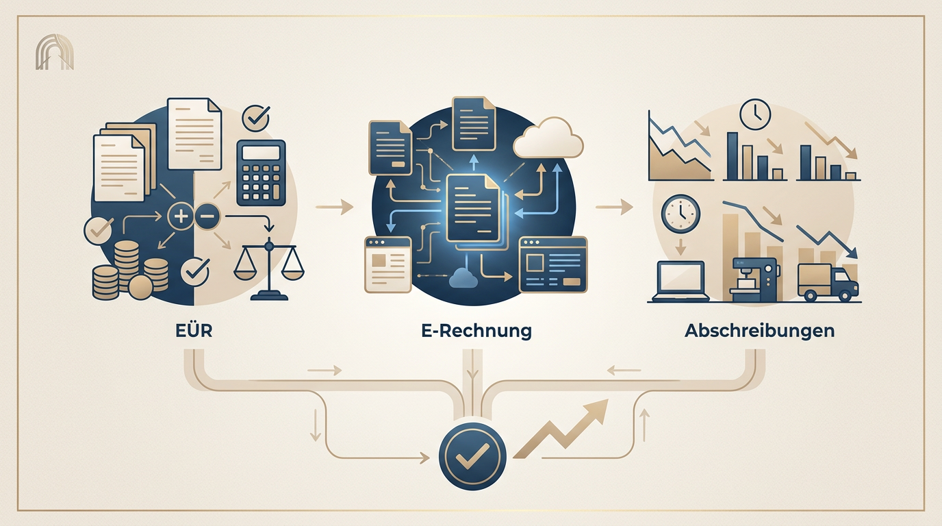 Steuerleitfaden 2026: EÜR, E-Rechnung und Abschreibungen Redaktionelle Infografik zum Thema Steuerleitfaden 2026: EÜR, E-Rechnung und Abschreibungen