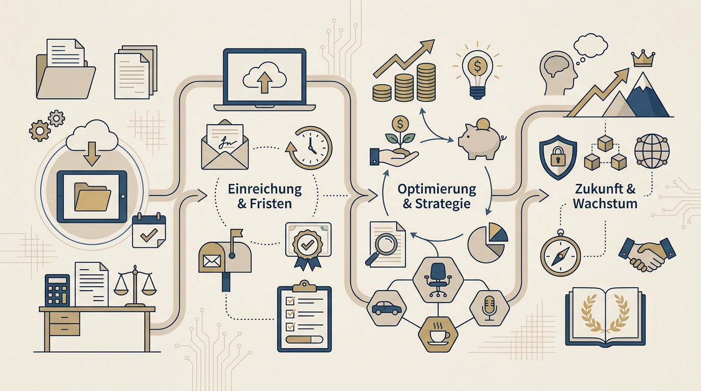 Redaktionelle Infografik zum Thema Steuerleitfaden 2026: Effizientes Tax-Management für Soloselbstständige