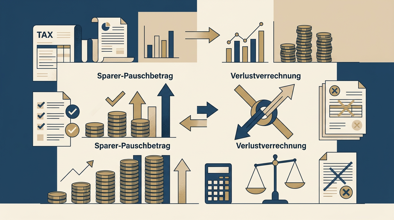 Redaktionelle Infografik zum Thema Abgeltungsteuer 2026: Sparer-Pauschbetrag und Verlustverrechnung