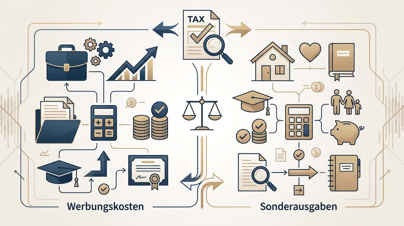 Bildungskosten absetzen: Werbungskosten vs. Sonderausgaben 2026 Redaktionelle Infografik zum Thema Bildungskosten absetzen: Werbungskosten vs. Sonderausgaben 2026
