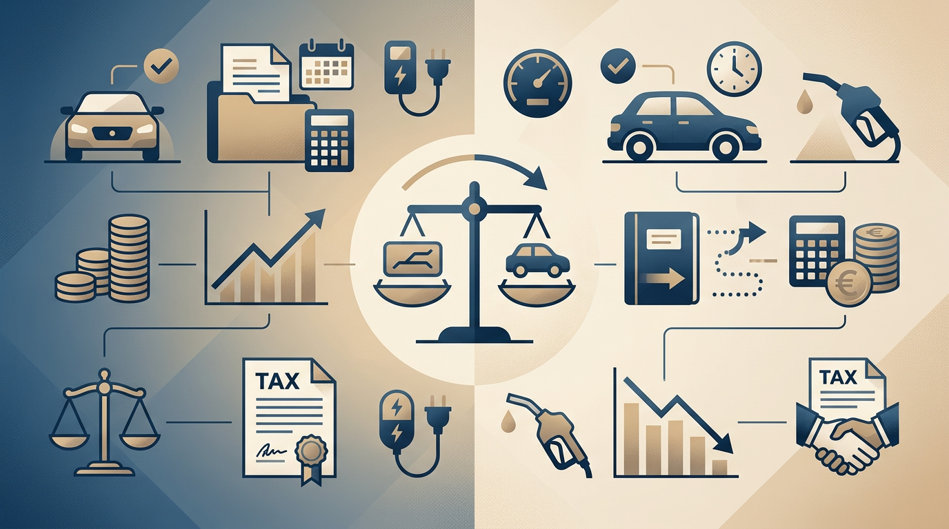 Dienstwagen vs. Kilometerpauschale: Mobilitätskosten 2026 absetzen Redaktionelle Infografik zum Thema Dienstwagen vs. Kilometerpauschale: Mobilitätskosten 2026 absetzen