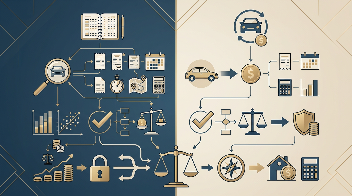 Redaktionelle Infografik zum Thema Fahrtenbuch vs. Pauschale: Mobilitätskosten 2026 präzise steuern