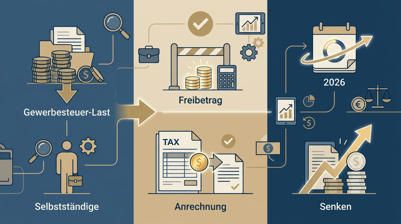 Redaktionelle Infografik zum Thema Gewerbesteuer-Last senken: Freibetrag und Anrechnung 2026