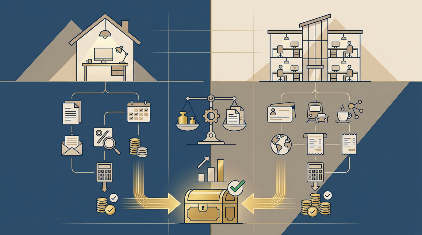 Redaktionelle Infografik zum Thema Homeoffice vs. Coworking: Abzugsfähigkeit optimieren 2026