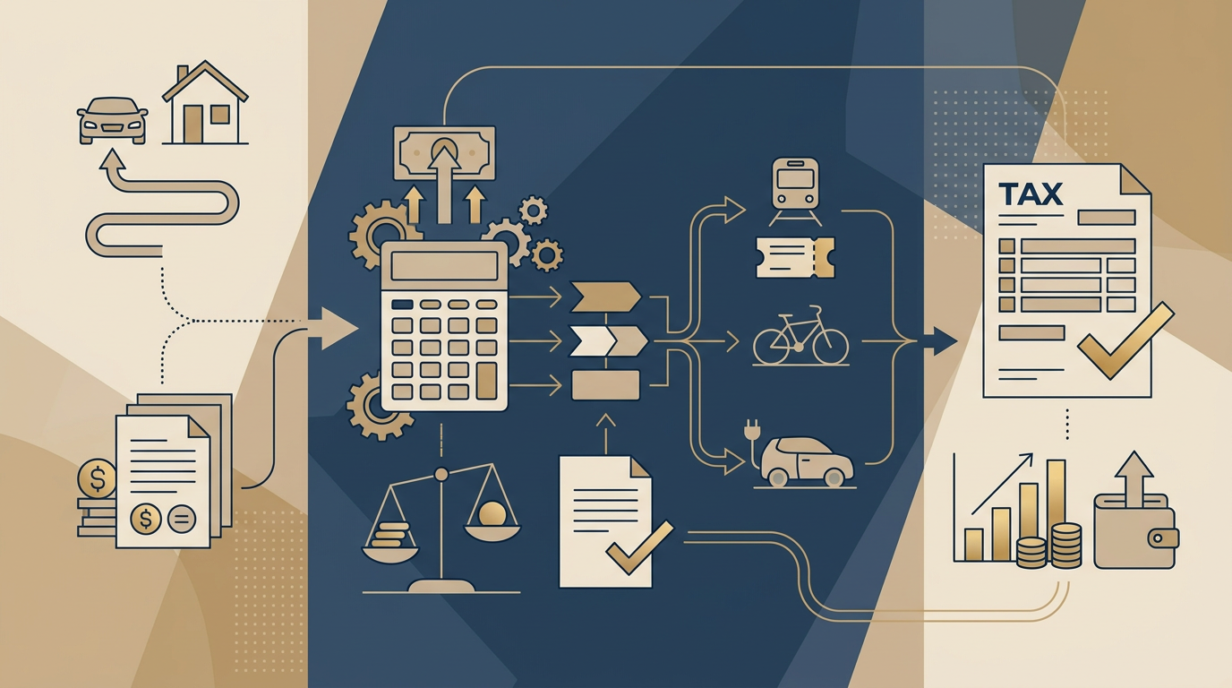 Redaktionelle Infografik zum Thema Fahrtkosten 2026: Entfernungspauschale für Pendler richtig berechnen