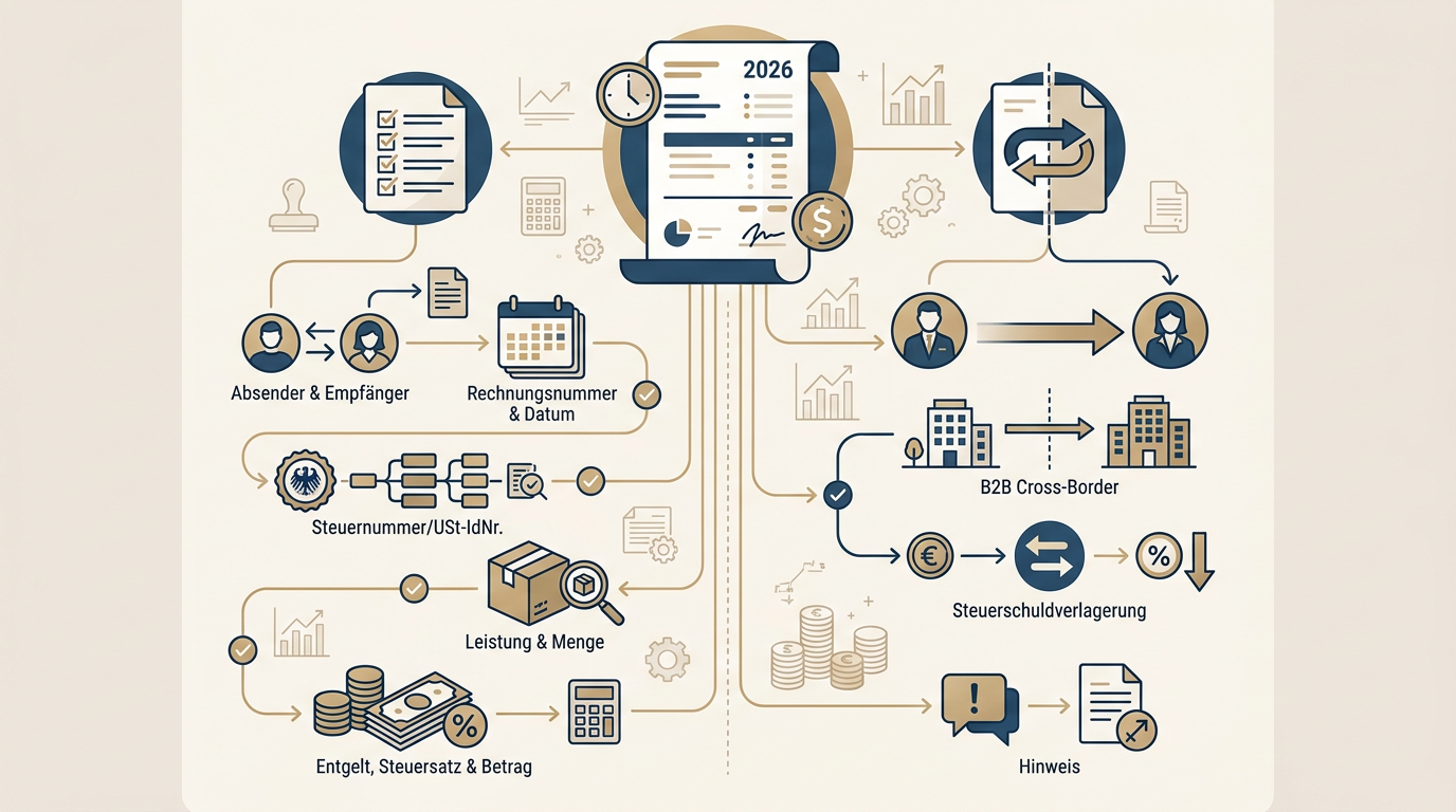 Rechnungserstellung 2026: Pflichtangaben und Reverse-Charge-Logik Redaktionelle Infografik zum Thema Rechnungserstellung 2026: Pflichtangaben und Reverse-Charge-Logik