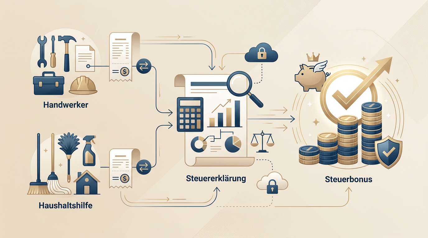 Redaktionelle Infografik zum Thema Steuerbonus 2026: Handwerker und Haushaltshilfe richtig absetzen