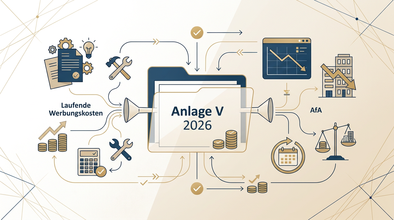 Redaktionelle Infografik zum Thema Anlage V 2026: Laufende Werbungskosten und AfA effizient ansetzen
