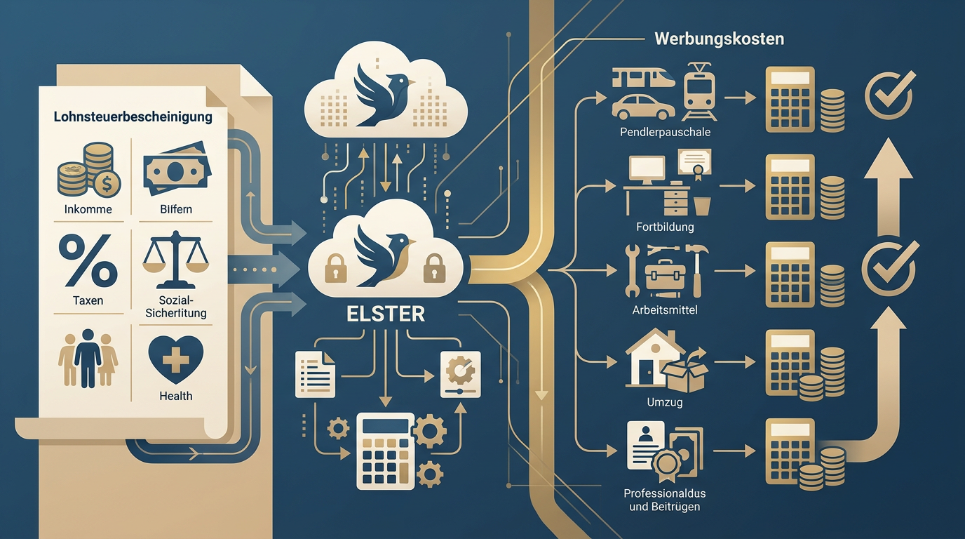 ELSTER Anlage N: Lohnsteuerbescheinigung und Werbungskosten 2026 Redaktionelle Infografik zum Thema ELSTER Anlage N: Lohnsteuerbescheinigung und Werbungskosten 2026