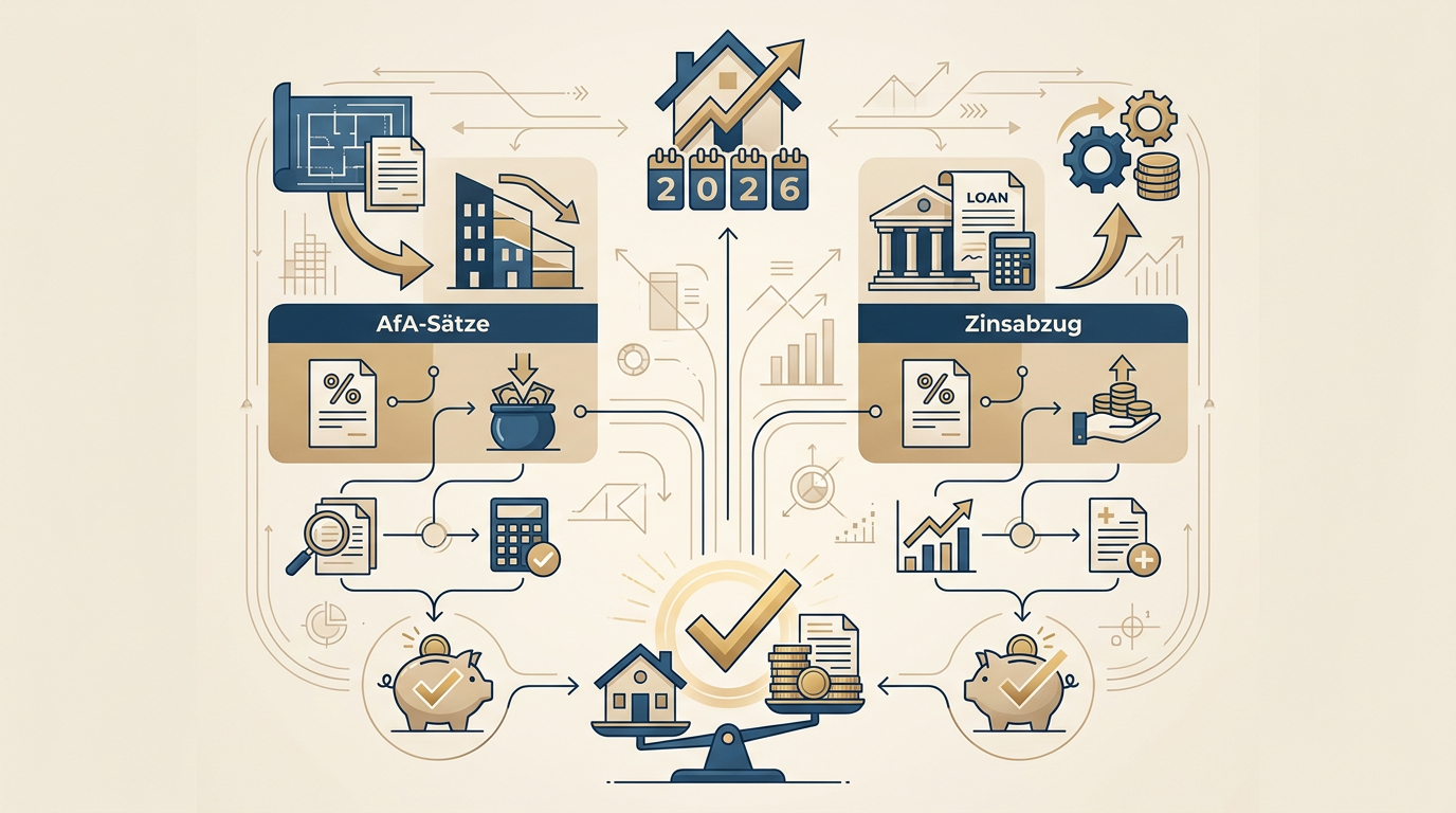 Steuervorteil Immobilienkauf 2026: AfA-Sätze und Zinsabzug nutzen Redaktionelle Infografik zum Thema Steuervorteil Immobilienkauf 2026: AfA-Sätze und Zinsabzug nutzen