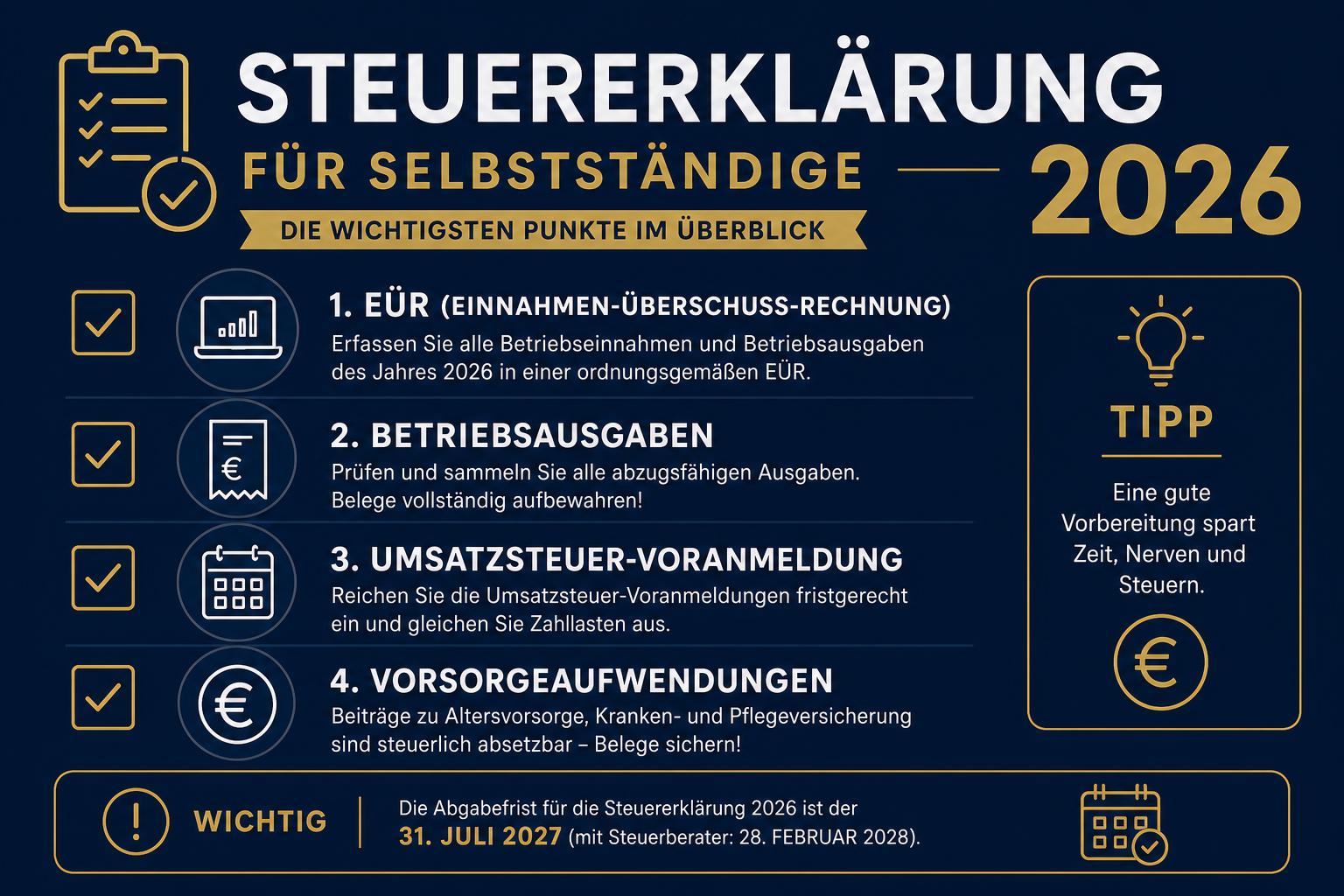 Infografik Steuererklärung für Selbstständige 2026 – EÜR, Betriebsausgaben, Umsatzsteuer-Voranmeldung