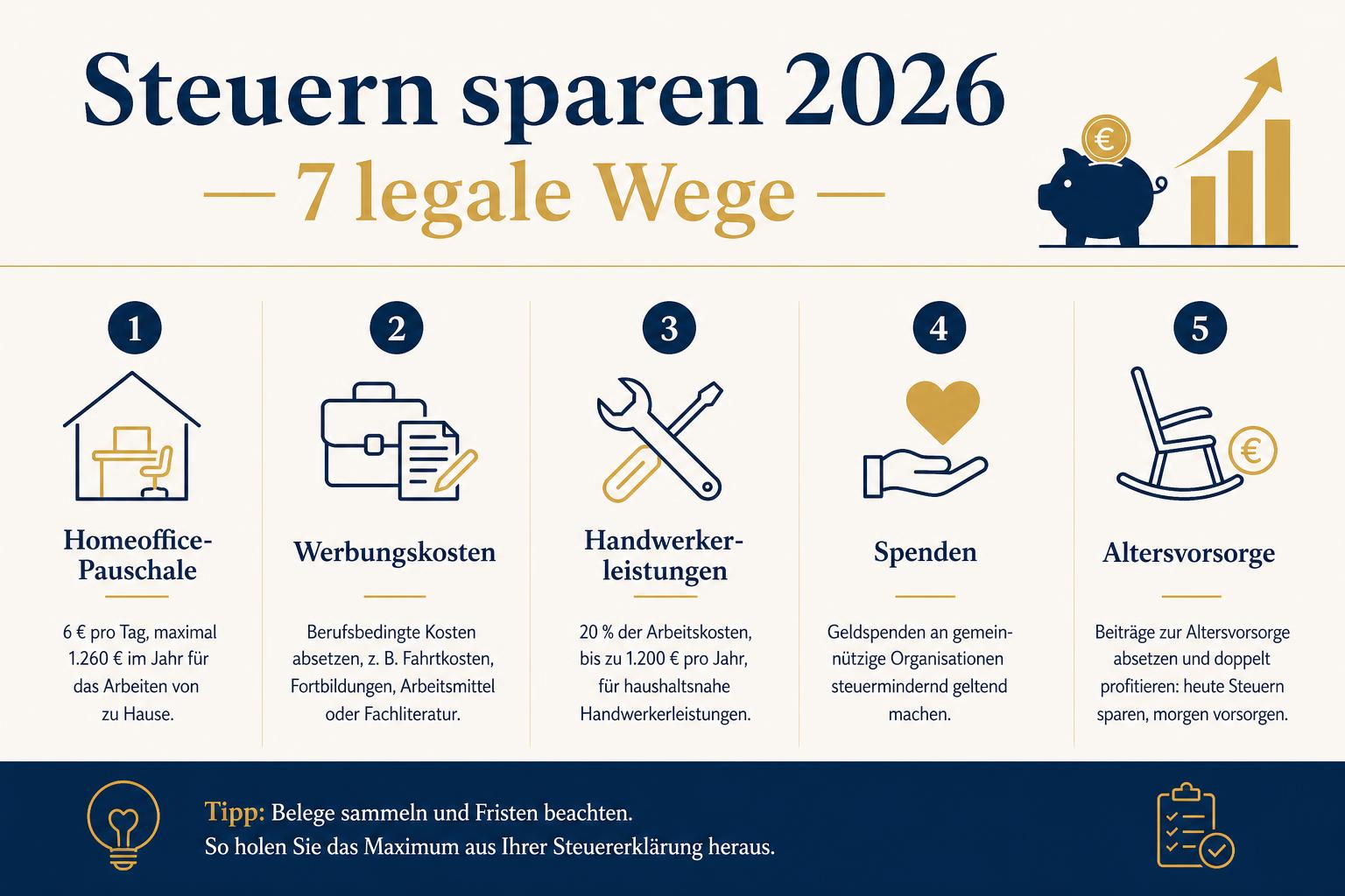 Infografik 7 legale Wege zum Steuern sparen 2026 – Homeoffice, Werbungskosten, Handwerker, Spenden, Altersvorsorge