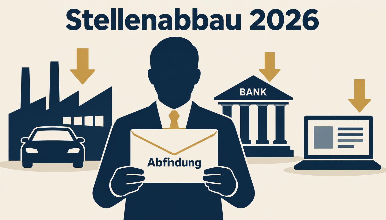 Infografik: Stellenabbau 2026 in Industrie, Banken und Tech – Abfindung